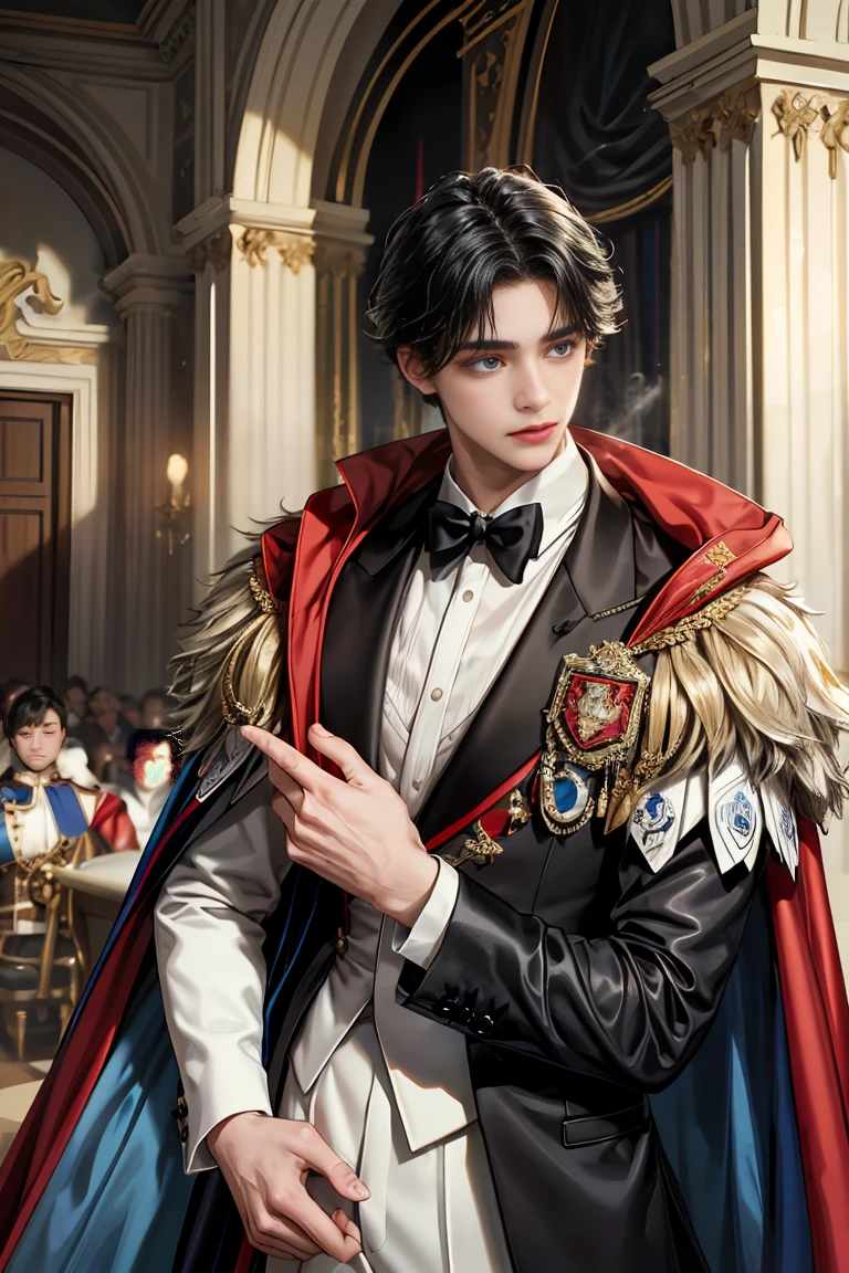 masterpiece, 最high quality, high quality, 1 boy, alone, Male focus, Watching the audience, Messy black hair, Adorable big blue eyes, White, Noble, Noble,Sexy voluminous cape、Tuxedo、A very voluminous, large, very large, very large, long, long red and black cape with a high stand-up collar, reaching down to the floor, made of a lot of fabric., 17 years old,Cute beautiful boys,Cute, cute, kind, handsome guy
