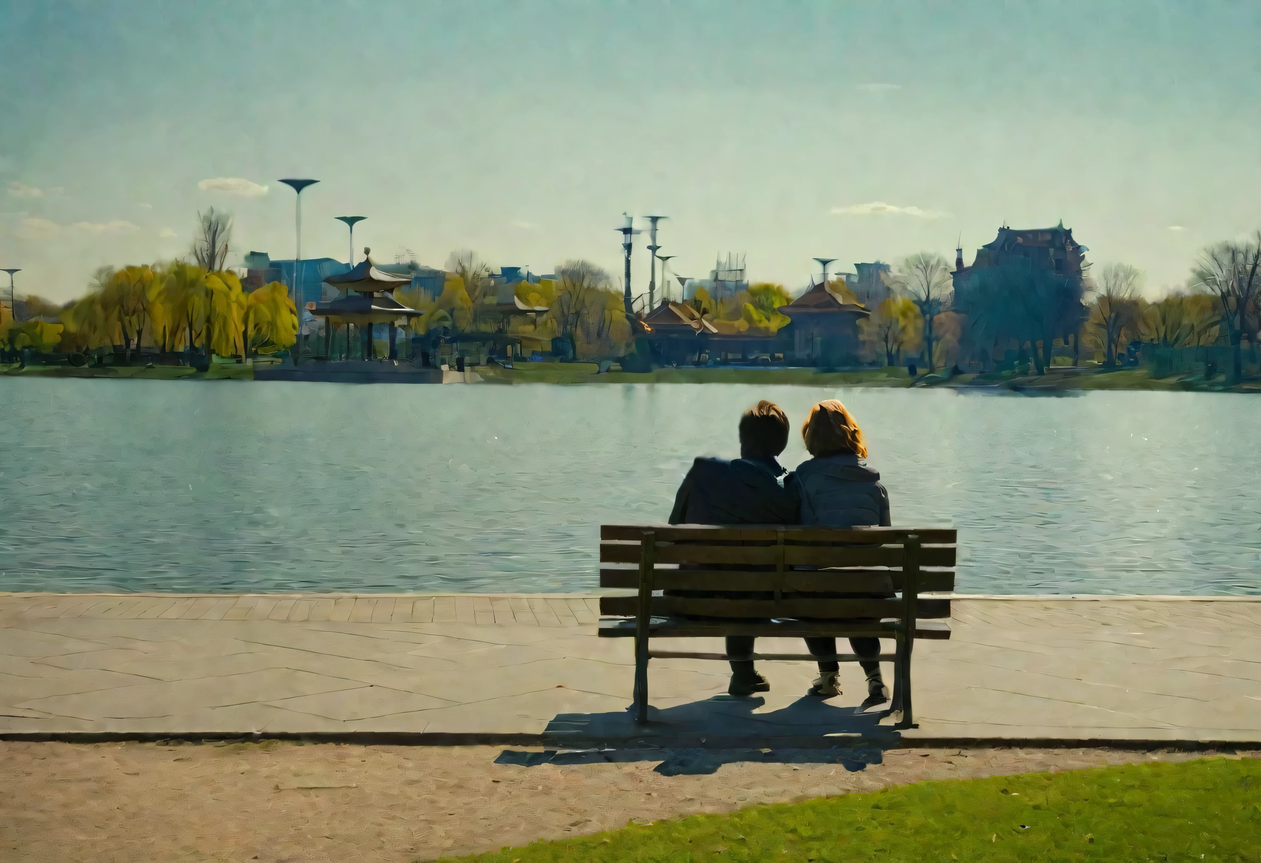 there are two people Sit on a bench near the water, Sitting in front of the lake, In the park and by the lake, Sit on a bench, Sitting on a bench, Sitting on a park bench, Sitting by the pond, Sit on a bench, Sitting by the river, The background is the park, In the city park, picture