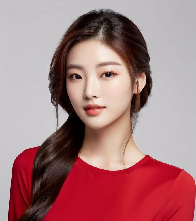 Close-up of a woman in a red shirt posing for a photo., beautiful south ponytail,) Long, flowing hair, korean woman, gorgeous young korean woman, ponytail, beautiful young korean woman, Korean girl, korean woman, Jae Yeon Nam, beautiful asian girl, young asian woman, Beautiful Asian woman, Cute young Korean face, Gorgeous Chinese model, Chinese girl, Heonhwa Cho