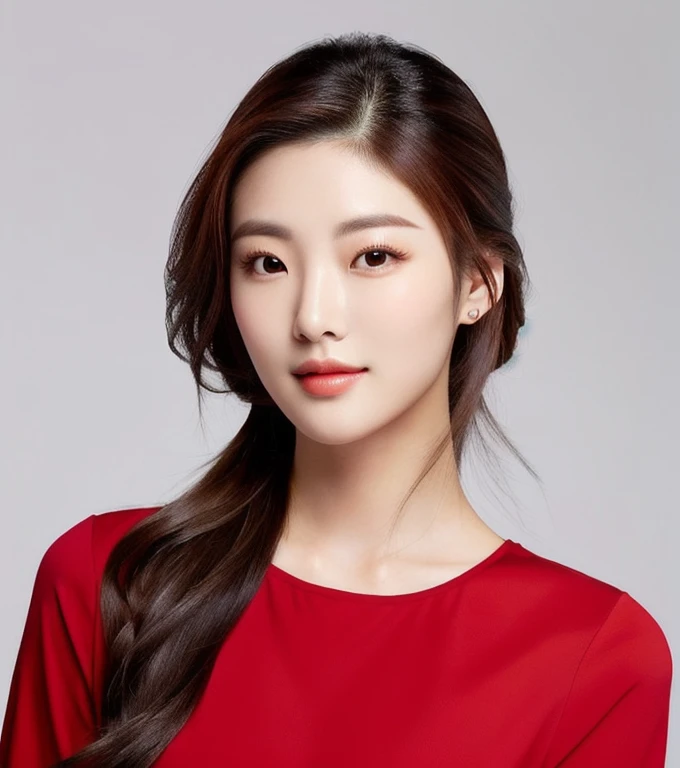 Close-up of a woman in a red shirt posing for a photo., beautiful south ponytail,) Long, flowing hair, korean woman, gorgeous young korean woman, ponytail, beautiful young korean woman, Korean girl, korean woman, Jae Yeon Nam, beautiful asian girl, young asian woman, Beautiful Asian woman, Cute young Korean face, Gorgeous Chinese model, Chinese girl, Heonhwa Cho