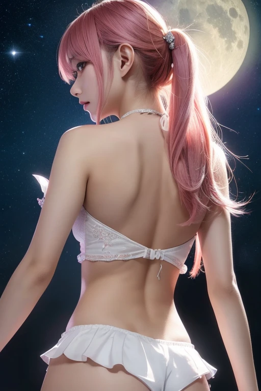 ((highest quality)), ((masterpiece)), (Very detailed:1.4),(32,000 Images),(ultra high Detailed chest),Best Anime,Sharpness,Best Wallpaper,素晴らShii描写,Golden Ratio, Wind Manipulation:1.5,Light manipulation,(Perfect anatomy without any destruction),(正確で詳細な美Shii目,Sparkling Eyes),(Shiny Hair:1.1,),(彼女の顔は繊細で美Shii. 彼女の肌は繊細で美Shii.),(Expressionless:1.2),The body is slim,Slim Belly, Pink Hair, Tassel Twintails、Narrow waist,belly button,The Detailed chest, Detailed chest, ((Pointed nipples))、The shining white costume is divine々Shii々新Shii,gem),full moon:1.1, A deep background:1.3,hair ornaments,Starry Sky, ((Take a photo from behind))cute