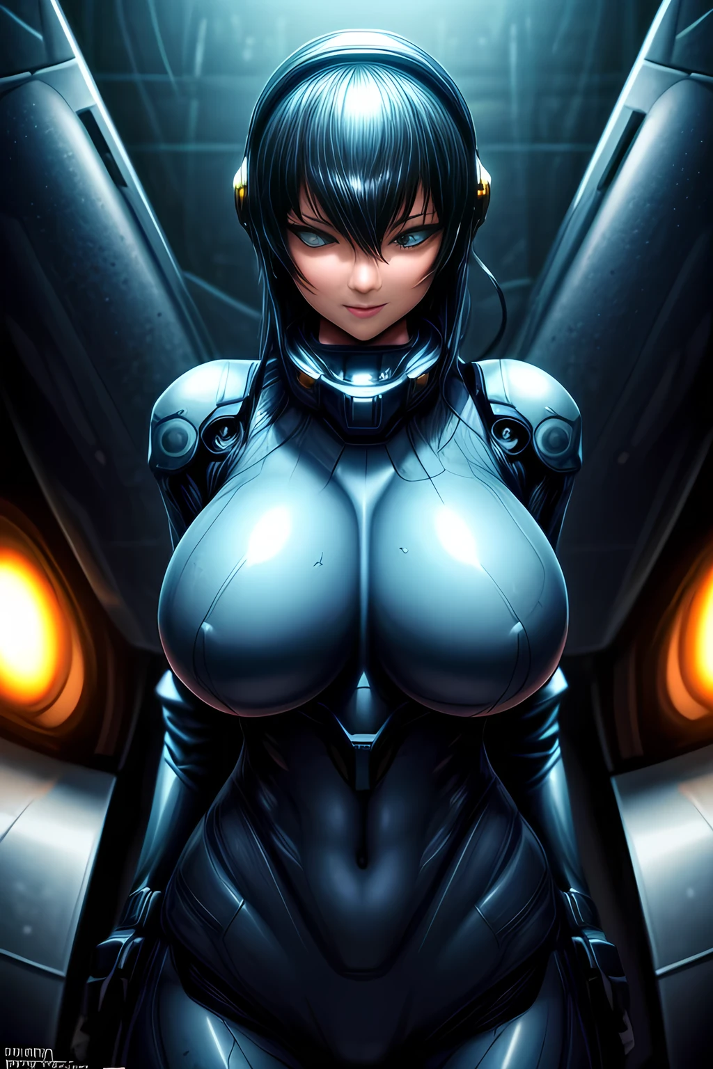 (High quality, High resolution, Fine details), Realistic, fighter jet pilot in Tight Combat Suit, Sparkling eyes, (Detailed eyes), Smile, Sweat, Oily skin, (Covered gigantic breasts), Hyperrealistic, Cinematic lighting, Dramatic pose, Intricate details, Highly detailed, Photorealistic, Digital art, Concept art, Mecha, Science fiction, Futuristic, Glowing effects