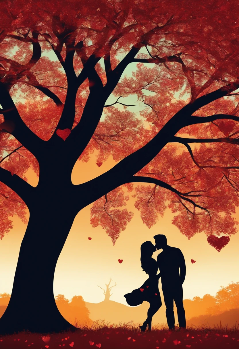 Boyfriend and girlfriend share a passionate kiss in the park under a heart-shaped tree、Aurora