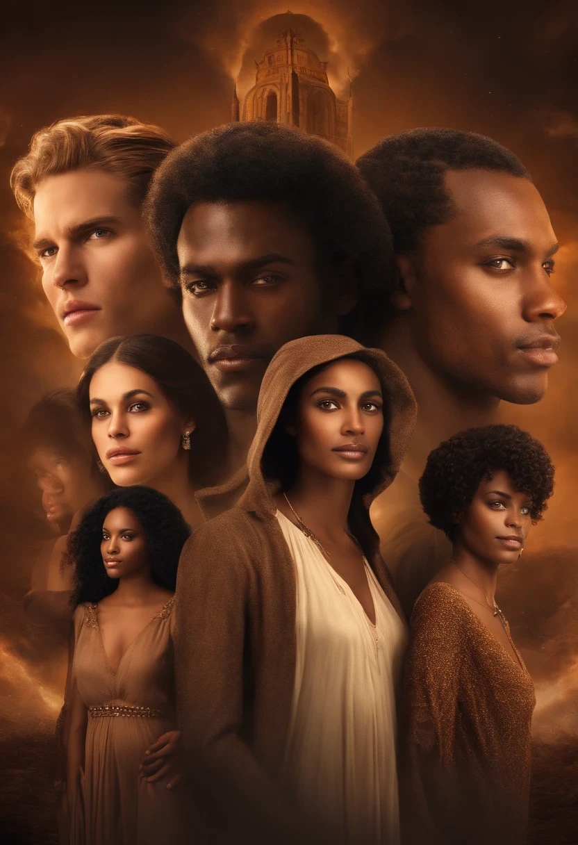 In a celestial landscape, four people dressed luxuous, differents faces, they are all darkskin, (((young, in 20's))) (((two brown skin men and two brown skin woman))), (((two young brown skin long dark hair duke:1.3))), (((one brown skin dark hair pregnant1.5 woman))) and (((one short brown hair woman1.3))), (they are two différent and separate couple1.2). (Two couple of four people:1.2). The first couple is a brown skin duke long dark curly hair with a short dark long hair woman. The second couple is a brown skin duke curly dark hair with a short brown hair woman, (((short dark hair brown skin woman and brownskin:1.5))) trying to kill him with energetic powers, a gods lances, arcs and lances, dangerous scene, war, battle, chaotic war, destructions, gods war, impressive war