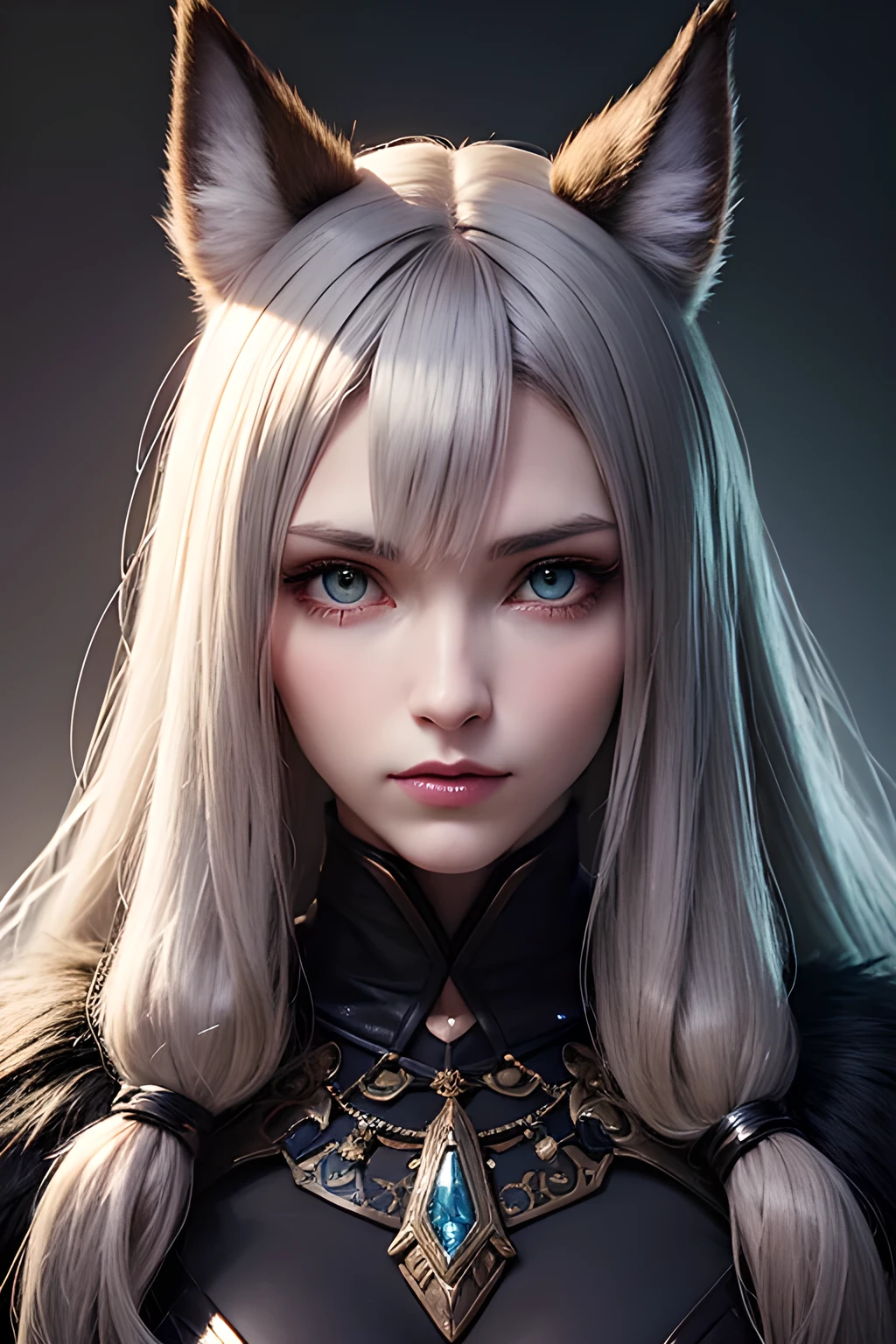 Werewolf girl,lycanthrope, light brown shades with small blue shades in the coat, two blades,  beautiful animal gray-green eyes,dressed in light armor, portrait, 4K quality, HD. There are a few dreadlocks with decorations in the hair. Long wolf ears with tassels at the end. Portrait. A menacing look. The atmosphere is tense. Add jewelry and accessories to your hair. A half-man, half-wolf. Mostly human.