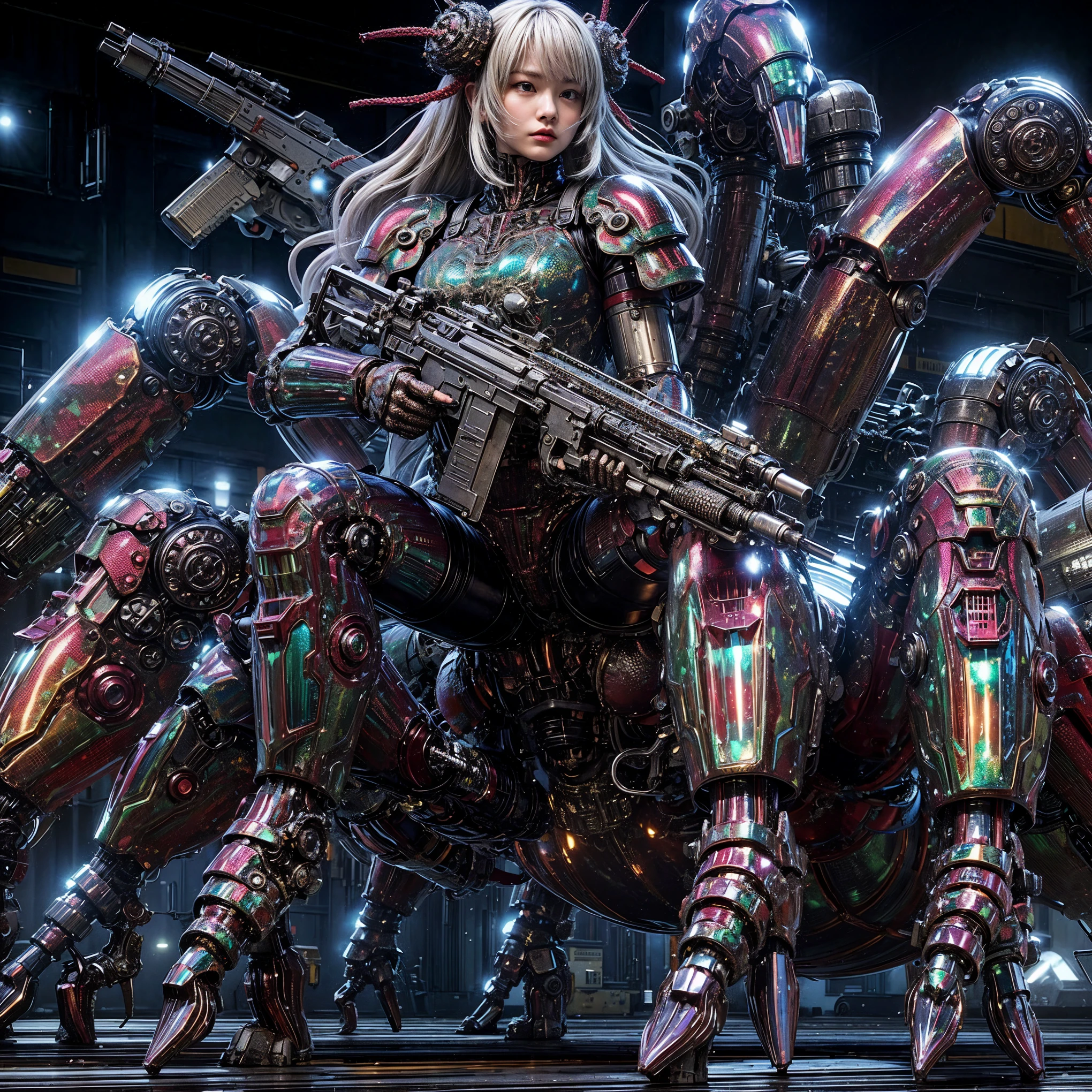 (extremely intricate all details)、(extremely realistic all Texture) 、glossy Texture、Navy blue heavy mechanical armor resembling a pillbug, designed by Hajime Katoki、1 person、Beautiful female soldier、Multi-legged、Heavyweight、Heavy Armor、Firearms、Ultra-realistic、Full Body Shot、Night view of the bayside industrial area、Spotlight lighting to illuminate characters、Please generate at least 4 copies.