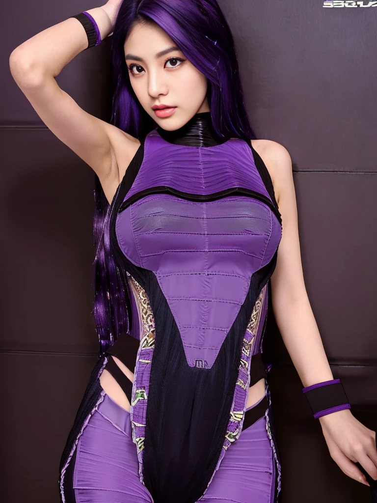 24 years old Malaysian girl, dark brown eyes:1.4, thin nose:1.4, thin lips:1.3,  slanted eyes:1.6, double eyelids:1.2,(multi layered dark purple hair:1.5), fundamental breast, rectangle body:1.4, cowboy shots, random pose,( tight combat suit:1.7)