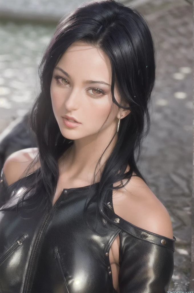 Dappled Light, analog style, (look at viewer), (skin texture) ,realistic, (best quality:1.1), (detailed:1.1), (photo-realism),SimonneStyleQuiron Woman, Simonne Style wearing a dark phoenix from xmen costume with (leather pants), (perfect eyes), ((portrait close-up))