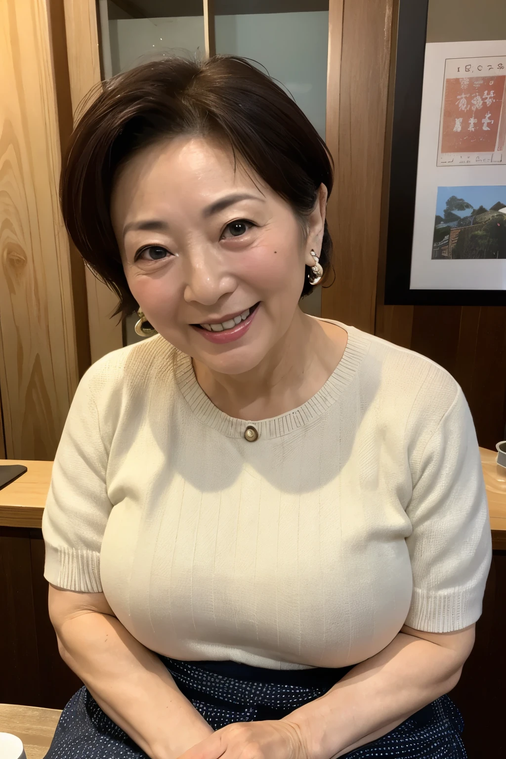 Osaka's aunt、Organic Photography、highest quality、masterpiece、Ultra-high resolution、Beautiful Japanese old lady、60 years old、Looking at the audience、Elegant face、Toothy smile、Big Breasts、Wearing a plain short-sleeved knit、Shortcut hair、mini skirt、Earrings、A corner of a coffee shop, Background Blur