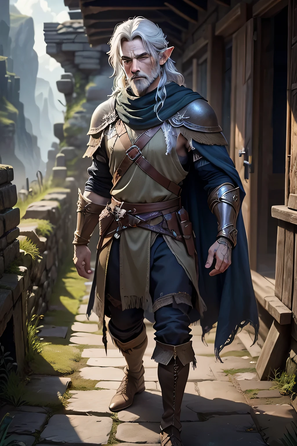 A medieval elf protagonist with rugged charm and piercing eyes that reflect determination, carries an air of quiet strength. His dark, disheveled hair frames a face marked by trials. Dressed in worn but meticulously preserved attire, he exudes resilience and determination, embodying the spirit of someone who has weathered the storms and emerged stronger.
, determined eyes, he is standing, the camera sees him in full, ::full body design