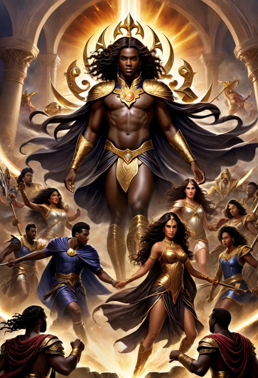 In a celestial landscape, four people dressed luxuous, differents faces, they are all darkskin, (((young, in 20's))) (((two brown skin men and two brown skin woman))), (((two young brown skin long dark hair duke:1.3))), (((one brown skin dark hair pregnant1.5 woman))) and (((one short brown hair woman1.3))), (they are two différent and separate couple1.2). (Two couple of four people:1.2). The first couple is a brown skin duke long dark curly hair with a short dark long hair woman. The second couple is a brown skin duke curly dark hair with a short brown hair woman, (((short dark hair brown skin woman and brownskin:1.5))) trying to kill him with energetic powers, a gods lances, arcs and lances, dangerous scene, war, battle, chaotic war, destructions, gods war, impressive war 