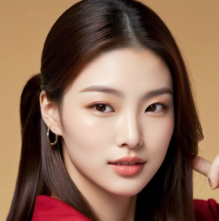 Close-up of a woman in a red shirt posing for a photo., beautiful south ponytail,) Long, flowing hair, korean woman, gorgeous young korean woman, ponytail, beautiful young korean woman, Korean girl, korean woman, Jae Yeon Nam, beautiful asian girl, young asian woman, Beautiful Asian woman, Cute young Korean face, Gorgeous Chinese model, Chinese girl, Heonhwa Cho
