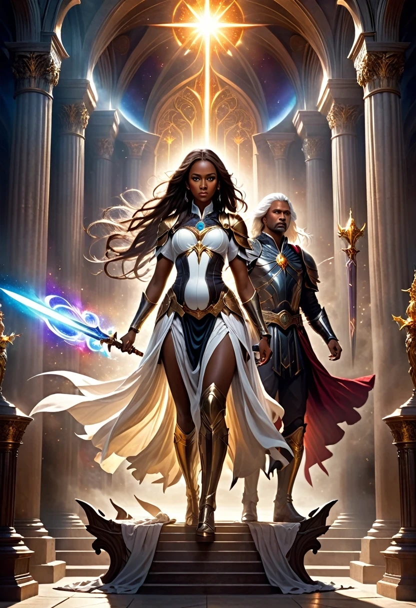In a celestial landscape, in tribunal, (((a hot darkskin young couple of powerful judge, in 20's))) (((brown skin man and brown skin pregnant woman))), ((young brown skin long (whitehair) celestwarrior:1.7)), ((one brown skin pregnant (((darkhair:1.9))) judge woman))) standing in a great heavenly court, (((tenant chacun un sceptre))), trying to kill him with swords, dangerous scene, war, battle, 8K, extremely detailed, high quality, (photorealistic:1.37), Full body, vibrant colors, perfect lighting, soulful expressions, celestial aura, majestic presence, dreamlike atmosphere, 8 k artistic photography, photorealistic concept art, soft natural volumetric cinematic perfect 