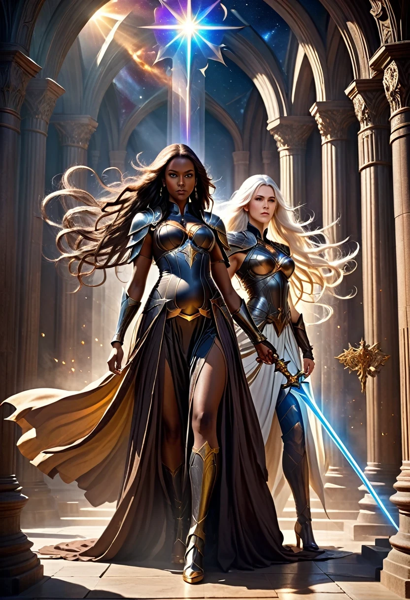 In a celestial landscape, in tribunal, (((a hot darkskin young couple of powerful judge, in 20's))) (((brown skin man and brown skin pregnant woman))), ((young brown skin long (whitehair) celestwarrior:1.7)), ((one brown skin pregnant (((darkhair:1.9))) judge woman))) standing in a great heavenly court, (((tenant chacun un sceptre))), trying to kill him with swords, dangerous scene, war, battle, 8K, extremely detailed, high quality, (photorealistic:1.37), Full body, vibrant colors, perfect lighting, soulful expressions, celestial aura, majestic presence, dreamlike atmosphere, 8 k artistic photography, photorealistic concept art, soft natural volumetric cinematic perfect 