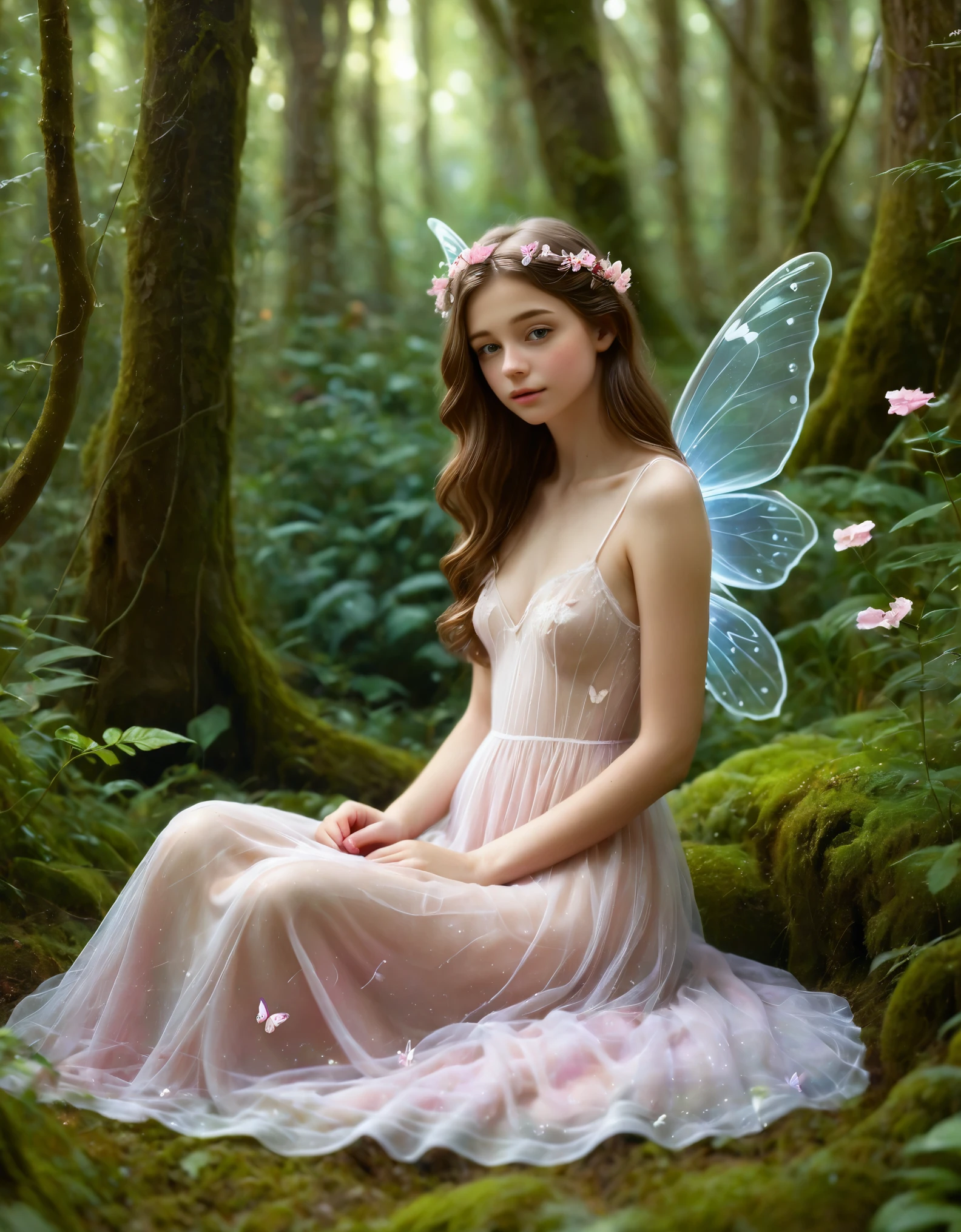 a serene fairy scene set in an enchanted forest. The central figure is a young woman with long, wavy brown hair, adorned with a floral crown of soft pink and white flowers. She is wearing delicate, translucent fairy wings and a white lace sheer dress that falls just above her knees. She sits gracefully on the forest floor, surrounded by lush greenery and tall trees. The fairy holds a small colorful butterfly gently in her hands, gazing at it with a peaceful expression. Beside her on the ground is a small white birdcage, partially open, with a vibrant red and blue butterfly perched on it. The overall atmosphere is magical and tranquil, with soft, diffused lighting filtering through the forest canopy