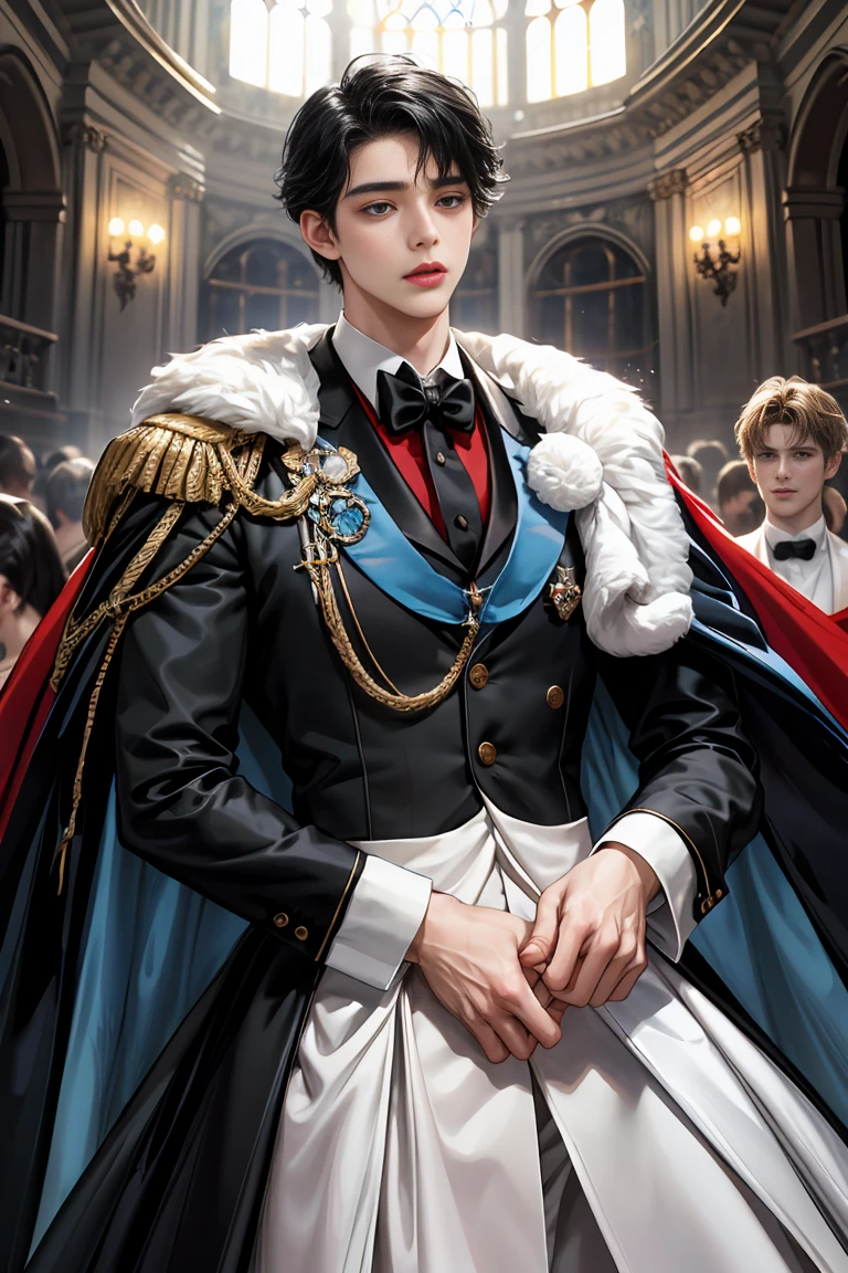 
masterpiece, 最high quality, high quality, 1 boy, alone, Male focus, Watching the audience,  Messy black hair, Adorable big blue eyes, White, Noble, Noble,Sexy voluminous cape、Tuxedo、A very voluminous, large, very large, very large, long, long red and black cape with a high stand-up collar, reaching down to the floor, made of a lot of fabric., 17 years old,Cute beautiful boys,Cute, cute, kind, handsome guy