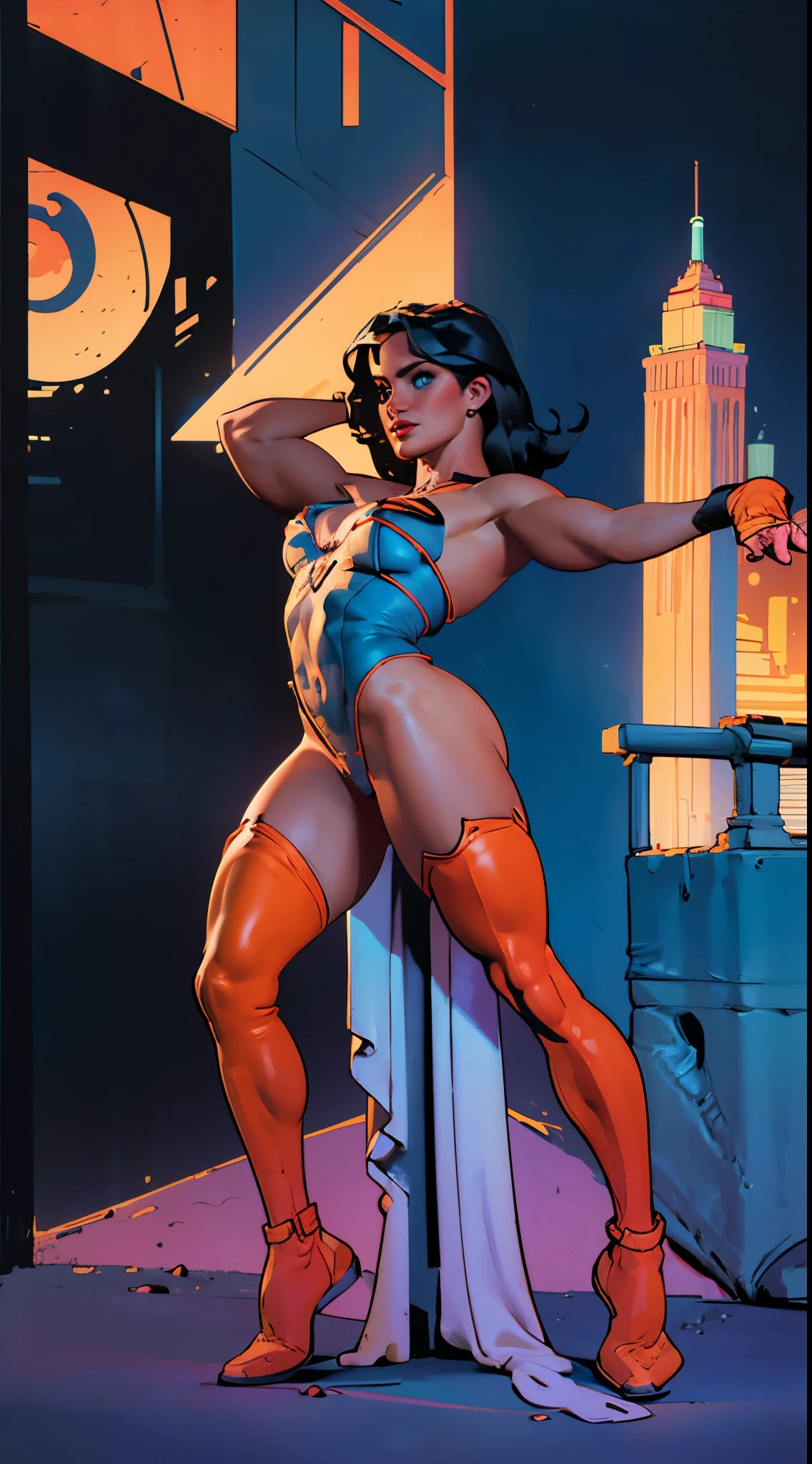 Vladislava Galagan wearing a sexy white swinsuit with orange lace, cleavage, futuristic cyberpunk, (((full body))) in comic panel, full body, bold lineart illustration comics, long black hair, seductive blue eyes, parted lips , Perfect body, curvy, big boobs, big booty, Fitness, nsfw, Adam Hughes style, (((masterpiece))), (((adult))) Explore the retro-futuristic aesthetic, highlighting your confidence and skill. In the top of building. big city night