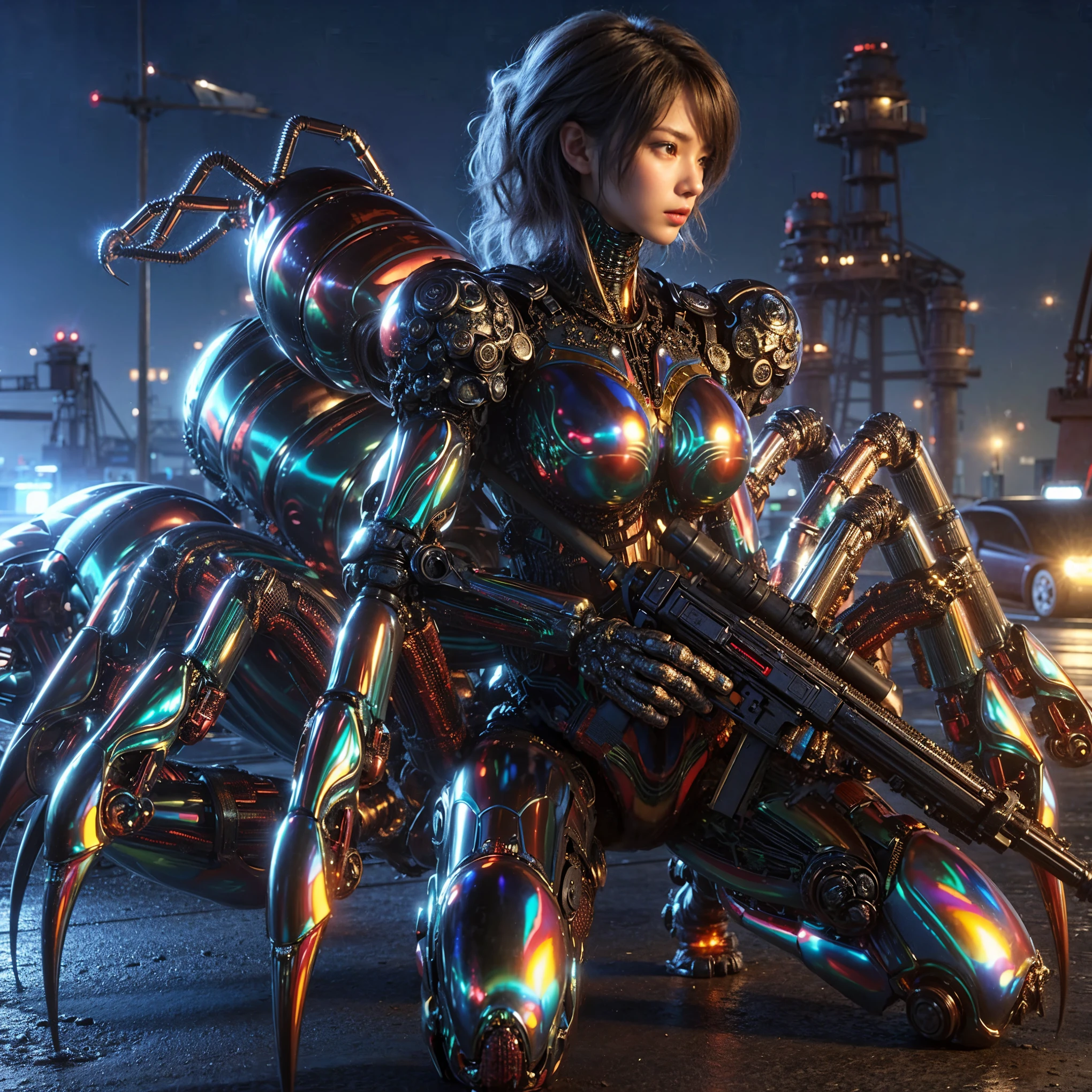 (extremely intricate all details)、(extremely realistic all Texture) 、glossy Texture、Navy blue heavy mechanical armor resembling a pillbug, designed by Hajime Katoki、1 person、Beautiful female soldier、Multi-legged、Heavyweight、Heavy Armor、Firearms、Ultra-realistic、Full Body Shot、Night view of the bayside industrial area、Spotlight lighting to illuminate characters、Please generate at least 4 copies.