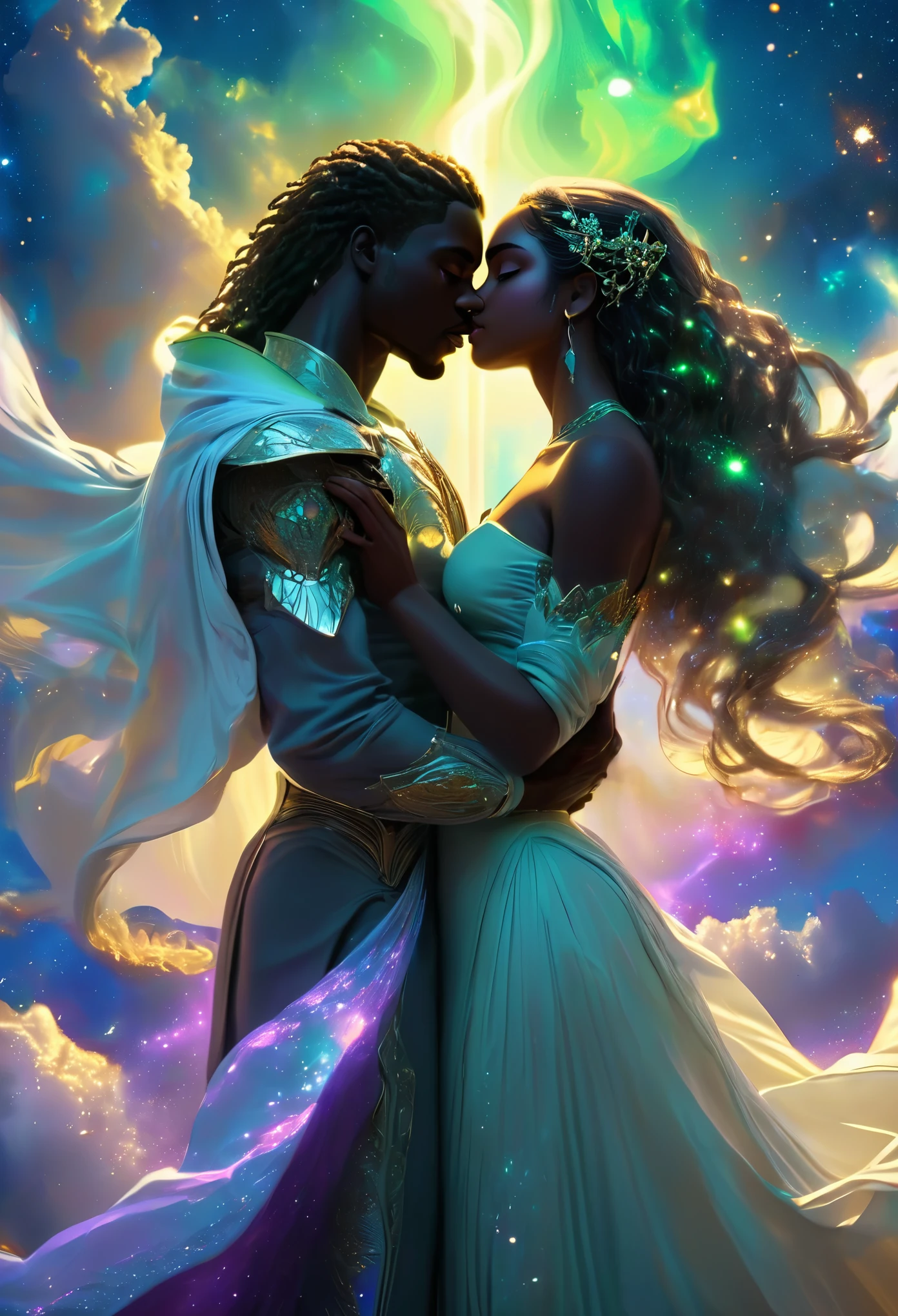 Passionate ((((darkskinned))) couple in a celestial landscape, young dark-skinned couple in their 20s, in an office, kissing, a ((((darkskinned))) man and a ((((darkskinned))) woman, he is the celestial guardian, dark-haired with violet eyes, she is an imperial judge, she has short brown hair with blue and green eyes,Full body, 8K, extremely detailed, high quality, (photorealistic:1.37), Full body, ideal proportions and defined complexion, meticulously crafted features, unreachable beauty, perfection, breathtaking elegance, g curves, goddess-like figures, divine symmetry, artistic masterpieces, vivid realism, hyper-detailed sculptures, life-like forms, truly awe-inspiring, impeccable craftsmanship, pure radiance, ethereal beauty, delicate contours, striking poses, sublime beauty, subtle nuances, dynamic compositions, vibrant colors, perfect lighting, soulful expressions, celestial aura, majestic presence, dreamlike atmosphere, unmatched gdetailed octane render trending on artstation, 8 k artistic photography, photorealistic concept art, soft natural volumetric cinematic perfect light, chiaroscuro, award - winning photograph, masterpiece, perfect composition, beautiful detailed intricate insanely