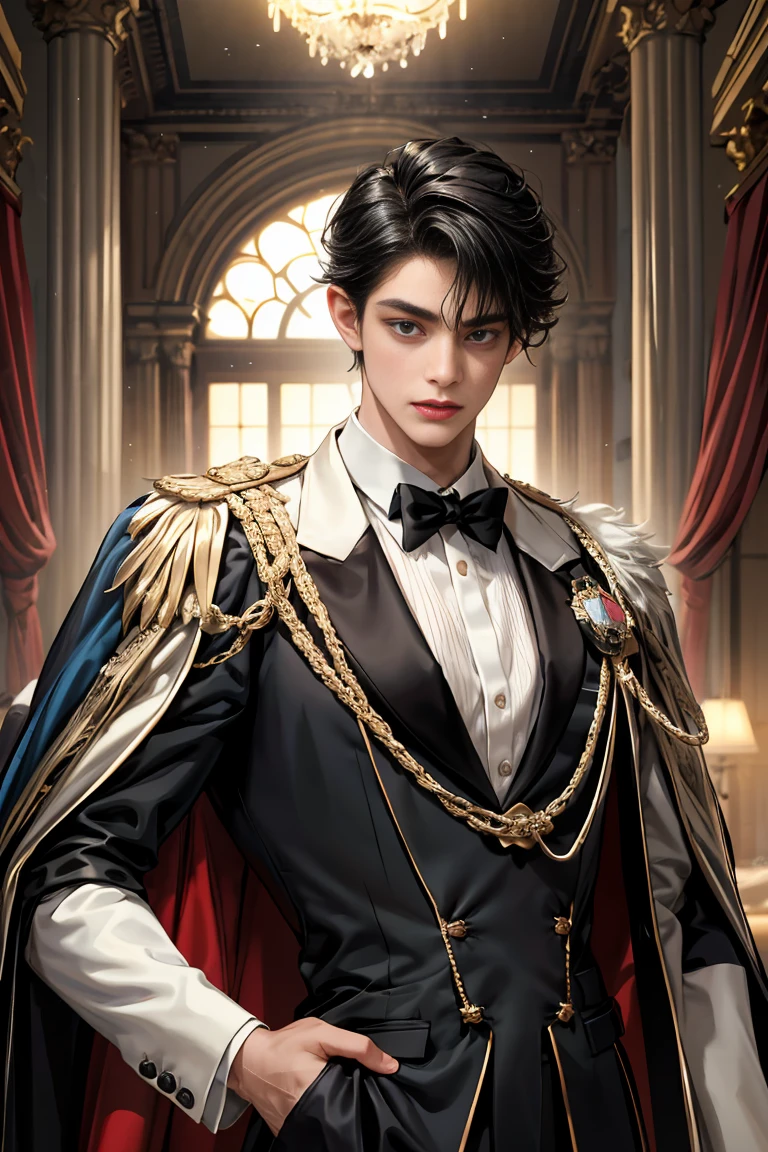 masterpiece, 最high quality, high quality, 1 boy, alone, Male focus, Watching the audience, Messy black hair, Adorable big blue eyes, White, Noble, Noble,Sexy voluminous cape、Tuxedo、A very voluminous, large, very large, very large, long, long red and black cape with a high stand-up collar, reaching down to the floor, made of a lot of fabric., 17 years old,Cute beautiful boys,Cute, cute, kind, handsome guy