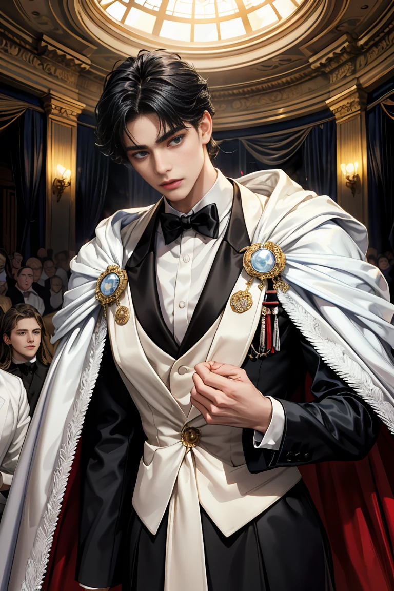 
masterpiece, 最high quality, high quality, 1 boy, alone, Male focus, Watching the audience,  Messy black hair, Adorable big blue eyes, White, Noble, Noble,Sexy voluminous cape、Tuxedo、A very voluminous, large, very large, very large, long, long red and black cape with a high stand-up collar, reaching down to the floor, made of a lot of fabric., 17 years old,Cute beautiful boys,Cute, cute, kind, handsome guy