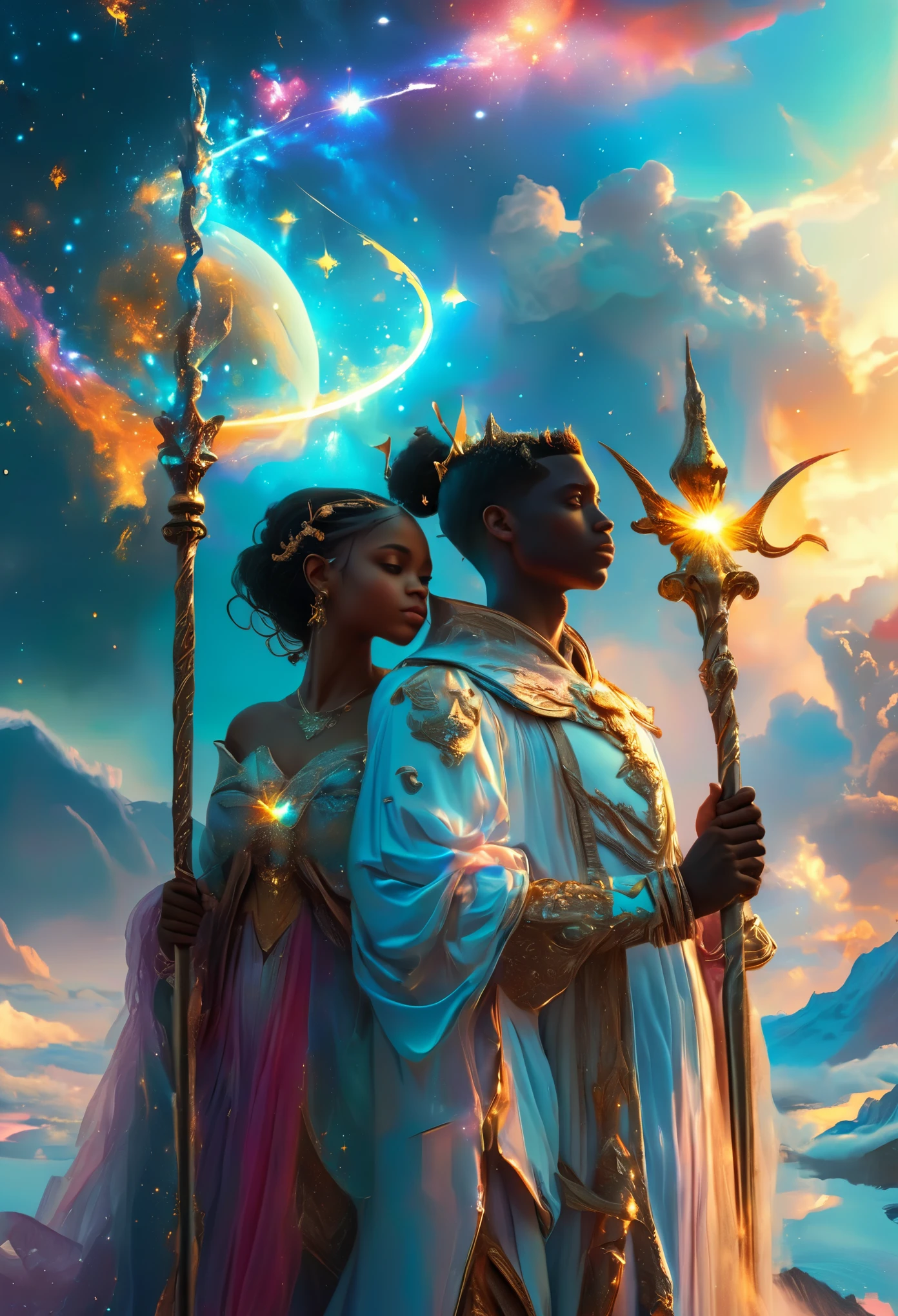 Novel in celestial landscape, a beautiful young darkskin couple with a pregnant young judge with a young male judge, they holding scepter, very fine face, (((very beautiful))), perfect faces, whole body, romantic scene, romantic Way, sexy couple, 8K, extremely detailed, (high quality, realistic, photorealistic: 1.37), ethereal fantasy concept art, hyper detailed, insane depth, gorgeous composition, chaotic but orderly . magnificent, celestial, ethereal, painterly, epic, majestic, magical, fantasy art, cover art, dreamy, magic, surreal, fantasy, digital art, ultra hd, realistic, vivid colors, highly detailed