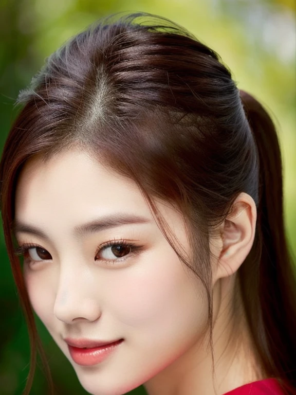 Close-up of a woman in a red shirt posing for a photo., beautiful south  ponytail,) Long, flowing hair, korean woman, gorgeous young korean woman, ponytail, beautiful young korean woman, Korean girl, korean woman, Jae Yeon Nam, beautiful asian girl, young asian woman, Beautiful Asian woman, Cute young Korean face, Gorgeous Chinese model, Chinese girl, Heonhwa Cho
