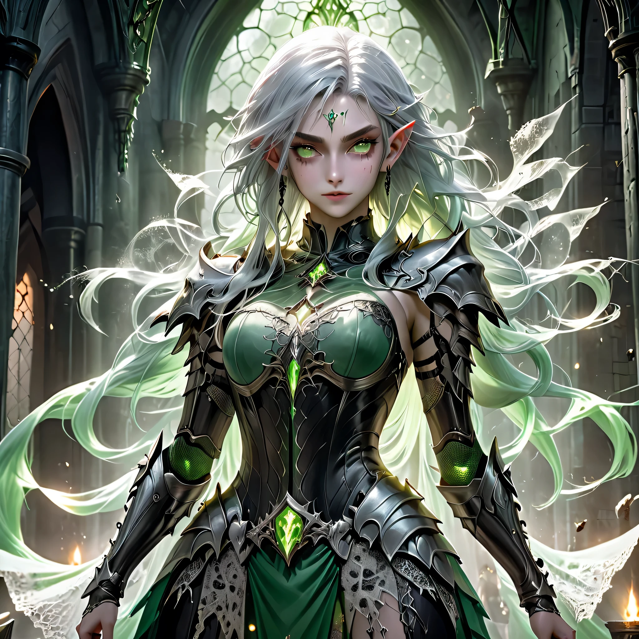 a tall muscular elf girl with silver hair, a tall muscular elf girl with light green hair, medieval RPG style armor with lace and silk, divine beauty, glowing eyes, delicate beauty, war and monster scene, horror