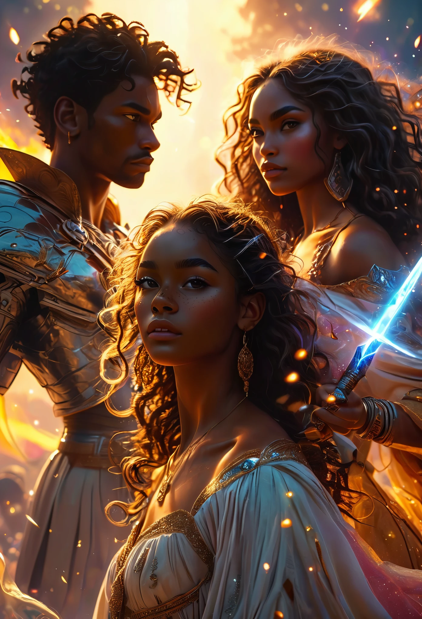 In a celestial landscape, (((five-people))) dressed luxuous, differents faces, they are all darkskin african, (((young, in 20's))) (((two brown skin men and two brown skin woman))), (((two young brown skin long dark hair duke:1.3))), (((one brown skin dark hair woman))) and (((one brown hair woman1.3))), (they are two différent and separate couple1.2). (Two couple of four people:1.2). The first couple is a brown skin duke long dark curly hair with a blonde long hair woman. The second couple is a brown skin duke curly dark hair with a short brown hair woman, (((blonde hair brown skin woman and brownskin:1.5))) trying to kill him with a knife, dangerous scene, war, battle, 8K, extremely detailed, high quality, (photorealistic:1.37), Full body, vibrant colors, perfect lighting, soulful expressions, celestial aura, majestic presence, dreamlike atmosphere, 8 k artistic photography, photorealistic concept art, soft natural volumetric cinematic perfect light