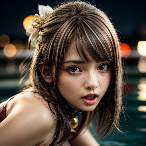 (SFW:1.6), Best_Quality, (masterpiece:1.2) of professional Analog Hi-Res photo, (realistic and photorealistic with touch of rawness:1.37), a close-up portrait of (KAWAII princess wearing thongs), Infinity pool on the roof of Skyscraper, Golden sky at dusk, intricate lighting effects with light particles, ((many colorful lights (dazzling bokeh))) . BREAK { Mystic sight | (many Luminous Particles:1.4) | sparkling splash | flying droplets | Rain drops | Luminous water surface | enjoying summer festival | Big City and Brilliant Skyscrapers }, { Childish | Gigantic Cleavage | Half Laying down | number on arm } . BREAK (((NOGIZAKA))) Extremely Detailed very KAWAII face variation, captivating gaze, elaborate detailed Eyes with (sparkling highlights:1.2), long eyelashes、Glossy RED Lips with beautiful details, Coquettish tongue, Rosy cheeks, Wet Glistening ivory skin . (Dynamic joyful expressions), { pleasure in agony | ??????? | :D | screaming | Perplexed } . hair and eye color is same color, { Full of flowers | Chained Red leather high collar | Red ribbon | Tiny Coronet | Pearl piece | half updo | short bob }, from diagonally angle, Volumetric lighting .