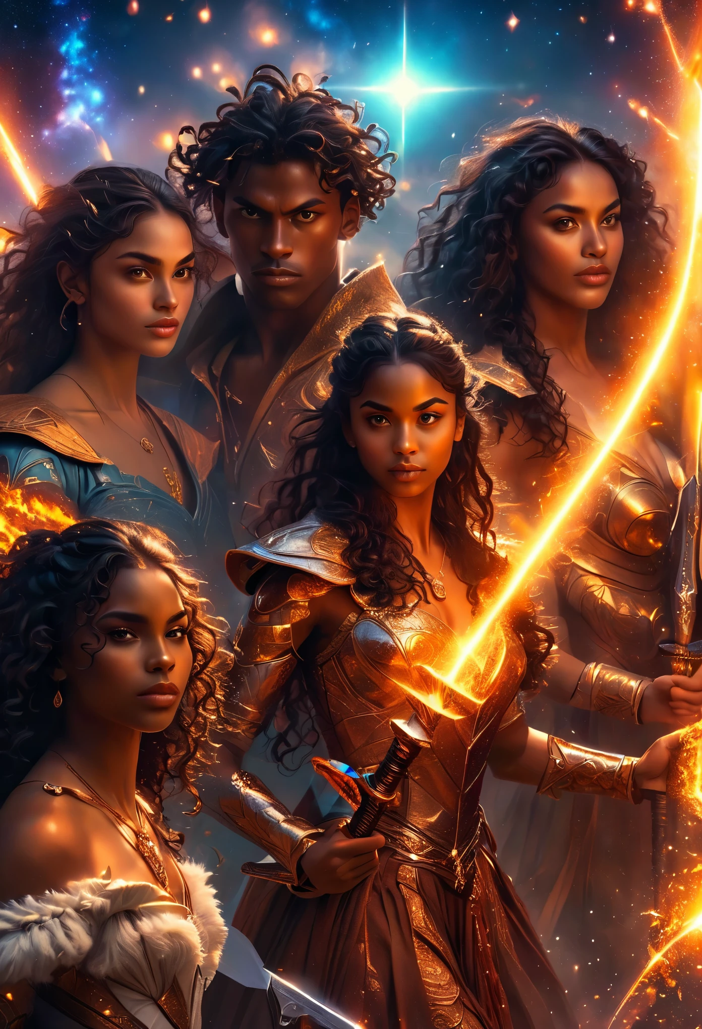 In a celestial dreamy landscape, people dressed luxuous, differents faces, very beautiful, they are all darkskin african, (((young, in 20's))) (((two brown skin men and two brown skin woman))), (((two young brown skin long dark hair duke:1.3))), (((one brown skin dark hair woman))) and (((one brown hair woman1.3))), (they are two différent and separate couple1.2). (Two couple of four people:1.2). The first couple is a brown skin duke long dark curly hair with a dark short hair woman. The second couple is a brown skin duke curly dark hair with a short brown hair woman, (((dark hair brown skin woman and brownskin:1.5))) trying to kill him with luminous swords, dangerous scene, war, battle, luminous lance, chaos, fire and fury, 8K, extremely detailed, high quality, (photorealistic:1.37), Full body, vibrant colors, perfect lighting, soulful expressions, celestial aura, majestic presence, dreamlike atmosphere, 8 k artistic photography, photorealistic concept art, soft natural volumetric cinematic perfect