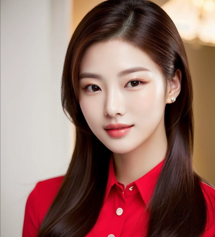 Close-up of a woman in a red shirt posing for a photo., beautiful south  ponytail,) Long, flowing hair, korean woman, gorgeous young korean woman, ponytail, beautiful young korean woman, Korean girl, korean woman, Jae Yeon Nam, beautiful asian girl, young asian woman, Beautiful Asian woman, Cute young Korean face, Gorgeous Chinese model, Chinese girl, Heonhwa Cho