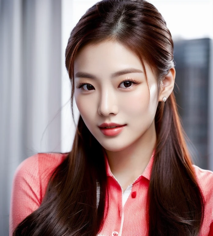 Close-up of a woman in a red shirt posing for a photo., beautiful south  ponytail,) Long, flowing hair, korean woman, gorgeous young korean woman, ponytail, beautiful young korean woman, Korean girl, korean woman, Jae Yeon Nam, beautiful asian girl, young asian woman, Beautiful Asian woman, Cute young Korean face, Gorgeous Chinese model, Chinese girl, Heonhwa Cho