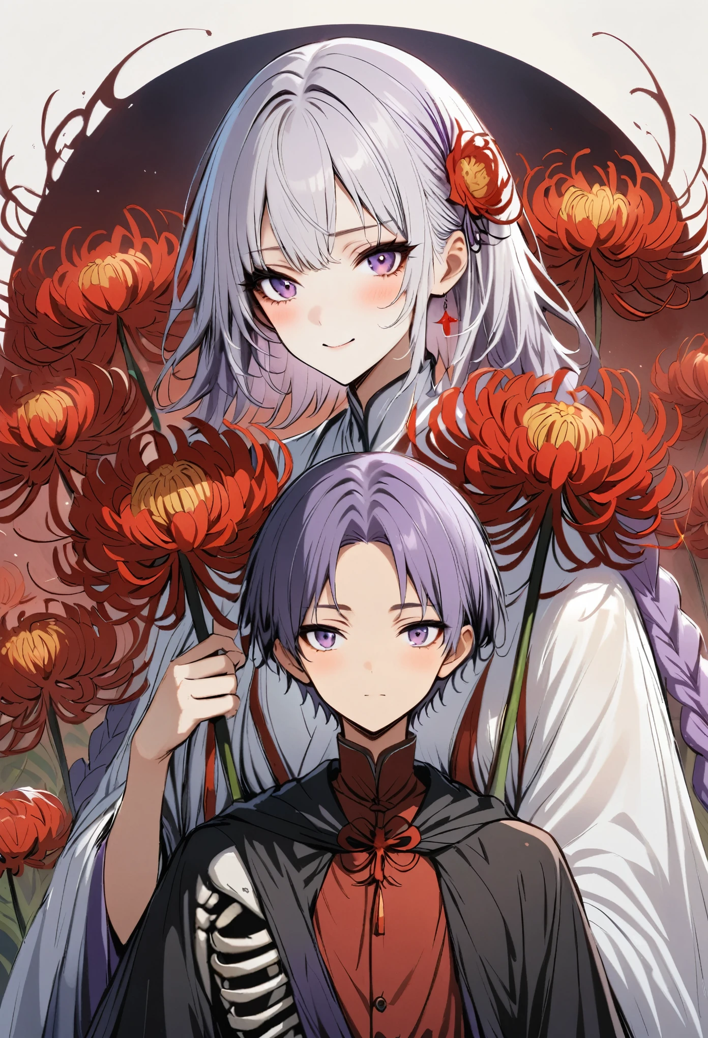 Short hair boy，Fictional Characters + role conception，White and Purple Ombre Long Braids，Hooded Cape。Skeleton。Red spider lily。Red chrysanthemum。moonlight