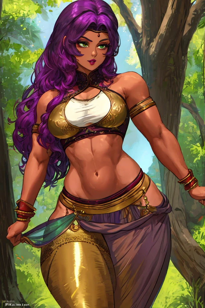 solo, older female, indian, small waist, toned, belly dancer, wide hips, long light purple hair, thick thighs, dark green eyes, ifbb, thick lips, colored eyelashes, thin waist, ab etching, dark skin, tan, tanline, golden lipstick, translucent iridescent harem pants, sheer metallic red sari top, white lace bridal gauntlets, wielding katana