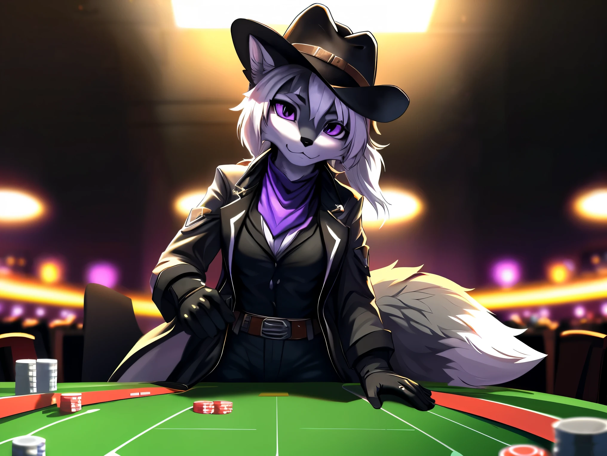 fox, female, solo, white hair, ponytail, ((grey fur)), (purple eyes), covered breasts, ((black gambler clothes)), (((large cowboy hat))), (((black cowboy hat))), ((black gloves)), black pants, purple handkerchief, ((sitting at blackjack table)), casino setting, (up close), Very good figure, best quality, highres, 16k, Natural soft light, Tyndall effect, Advanced film lighting, Unreal Engine5, Extremely realistic, A high resolution, perfect masterpiece, high quality, high resolution