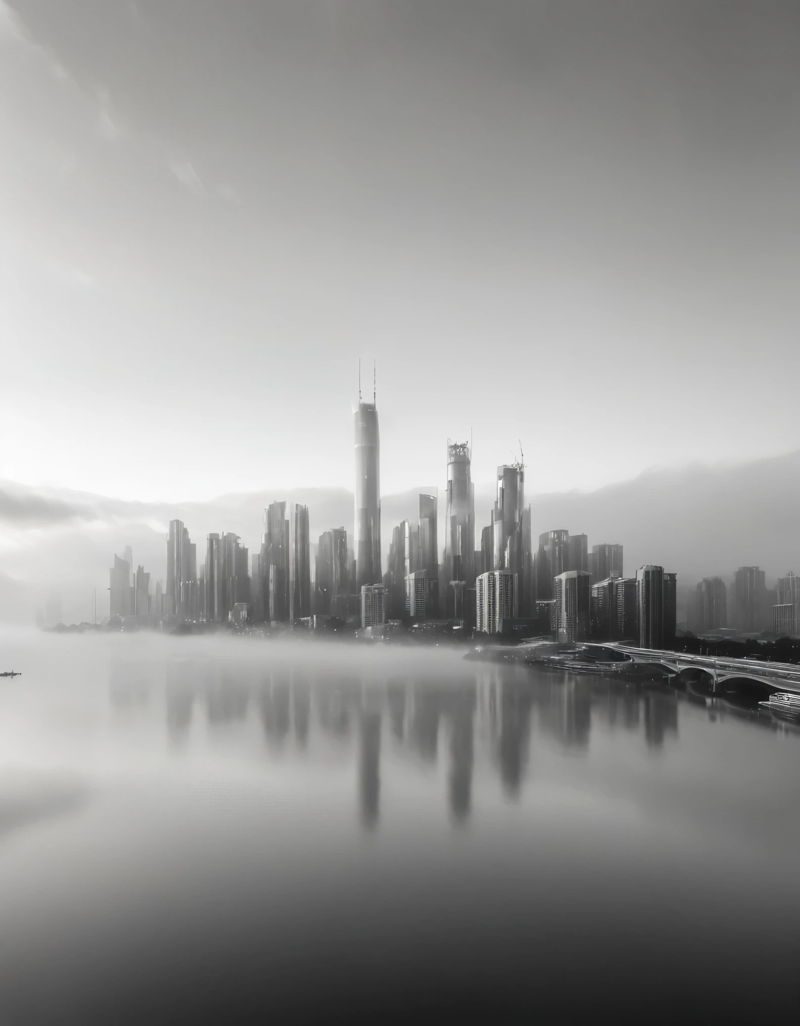 A monochrome, black-and-white photograph of a modern cityscape emerging from dense, low-lying clouds. The skyline features a mix of contemporary high-rise buildings and skyscrapers, with one distinctively tall, cylindrical tower at the center. The fog envelops the lower parts of the buildings, creating a mysterious and ethereal atmosphere. The sky is a gradient from light gray at the horizon to almost white at the top, giving a surreal and dreamy quality to the scene. The overall composition emphasizes vertical lines and symmetry, with a calm and quiet mood.