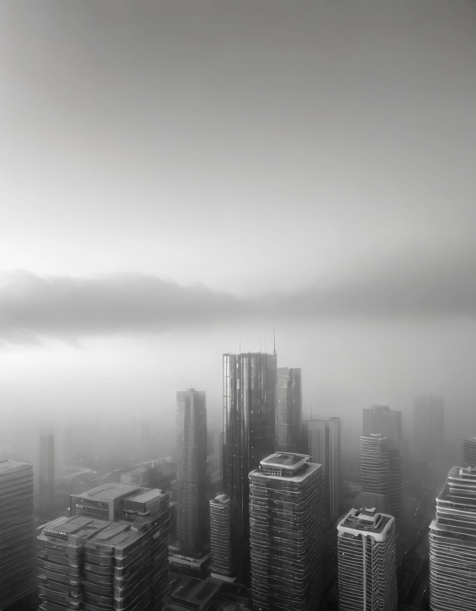 A monochrome, black-and-white photograph of a modern cityscape emerging from dense, low-lying clouds. The skyline features a mix of contemporary high-rise buildings and skyscrapers, with one distinctively tall, cylindrical tower at the center. The fog envelops the lower parts of the buildings, creating a mysterious and ethereal atmosphere. The sky is a gradient from light gray at the horizon to almost white at the top, giving a surreal and dreamy quality to the scene. The overall composition emphasizes vertical lines and symmetry, with a calm and quiet mood.
