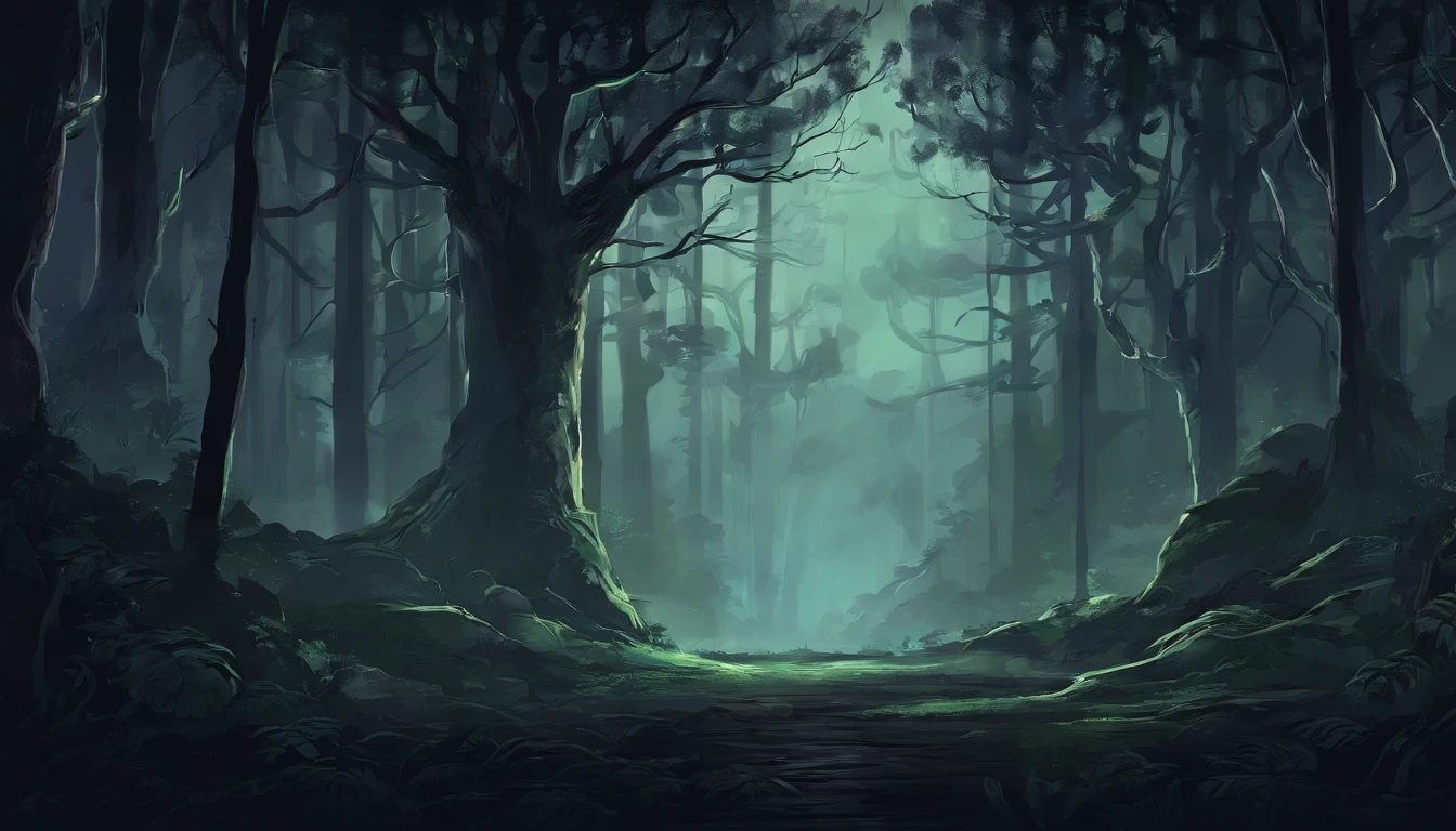 Dark dense forest at night with tall trees and thick roots and no separation in the center.
