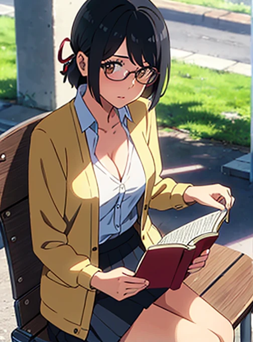 
1girl, black hair, brown eyes, eyeglasses,  short hair, har band, hair ribbon, yellow cardigan, cleavage, white dress skirt, perfect anatomy, cowboyshot, sit on bench chair, reading a book, outdoors, school university, sky, school building, solo, solo focus, pov, looking at the viewer,