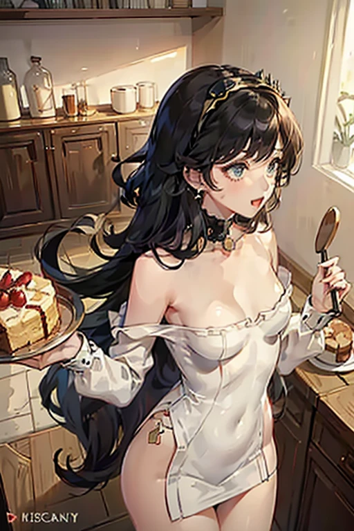 (small breasts:1.3), (perky chest:1.1), (pointed chest:1.0), (Pudding cake magazine cover:1.3),(from above:1.0),(from side:0.9),masterpiece, 1girl, Amazing Cleavage:1.1, thin waist, big ass, Raised sexy, small breast: 1.3, posed cleavage:1.2、solo, looking at viewer, open mouth, have a cute grass of cute beergrass,black hair, dark green eyes, dress, bare shoulders, jewelry, collarbone, sidelocks, hairband, earrings, indoors, off shoulder, :o, sweater, arms behind back, plant, short hair with long locks, gild hairband, off-shoulder dress, sweater dress, off-shoulder sweater, red sweater, dark gord hair, big side hair, very long side hair,is rendered in (masterpiece: 1.2, best quality), with (ultra high resolution) and an exquisite (depth of field). This masterpiece is not only visually stunning but also tells,A scene of cooking in the kitchen by classroom