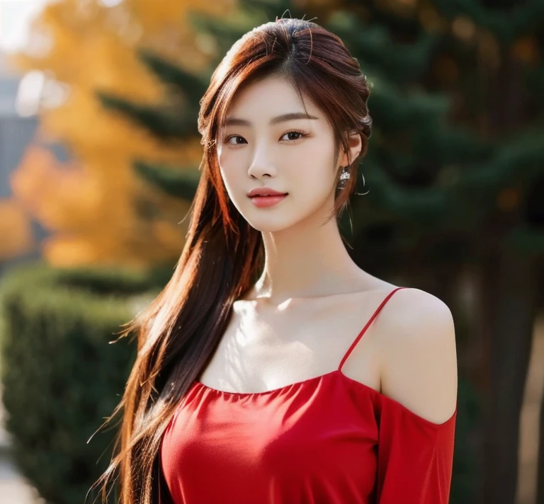 Close-up of a woman in a red shirt posing for a photo., beautiful south  ponytail,) Long, flowing hair, korean woman, gorgeous young korean woman, ponytail, beautiful young korean woman, Korean girl, korean woman, Jae Yeon Nam, beautiful asian girl, young asian woman, Beautiful Asian woman, Cute young Korean face, Gorgeous Chinese model, Chinese girl, Heonhwa Cho
