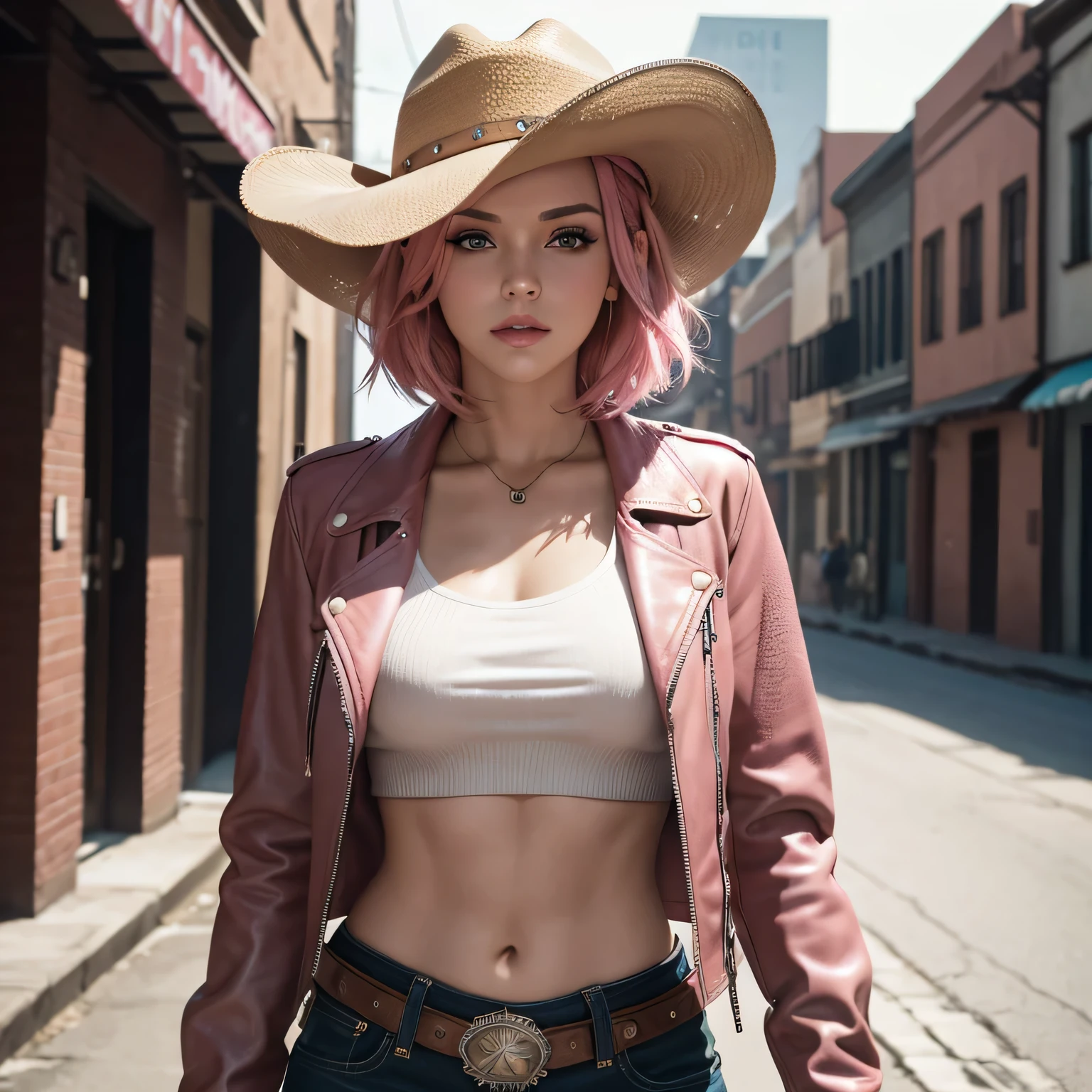 4k ultra hd, Master Meese, best quality, girl with, beautiful face, detailed eyes, Detailed lips, pink hair, short hair, Wearing cowboy costume, bare midriff, leather jacket, cowboy hat, blurred background, morning, Capture of the whole body,