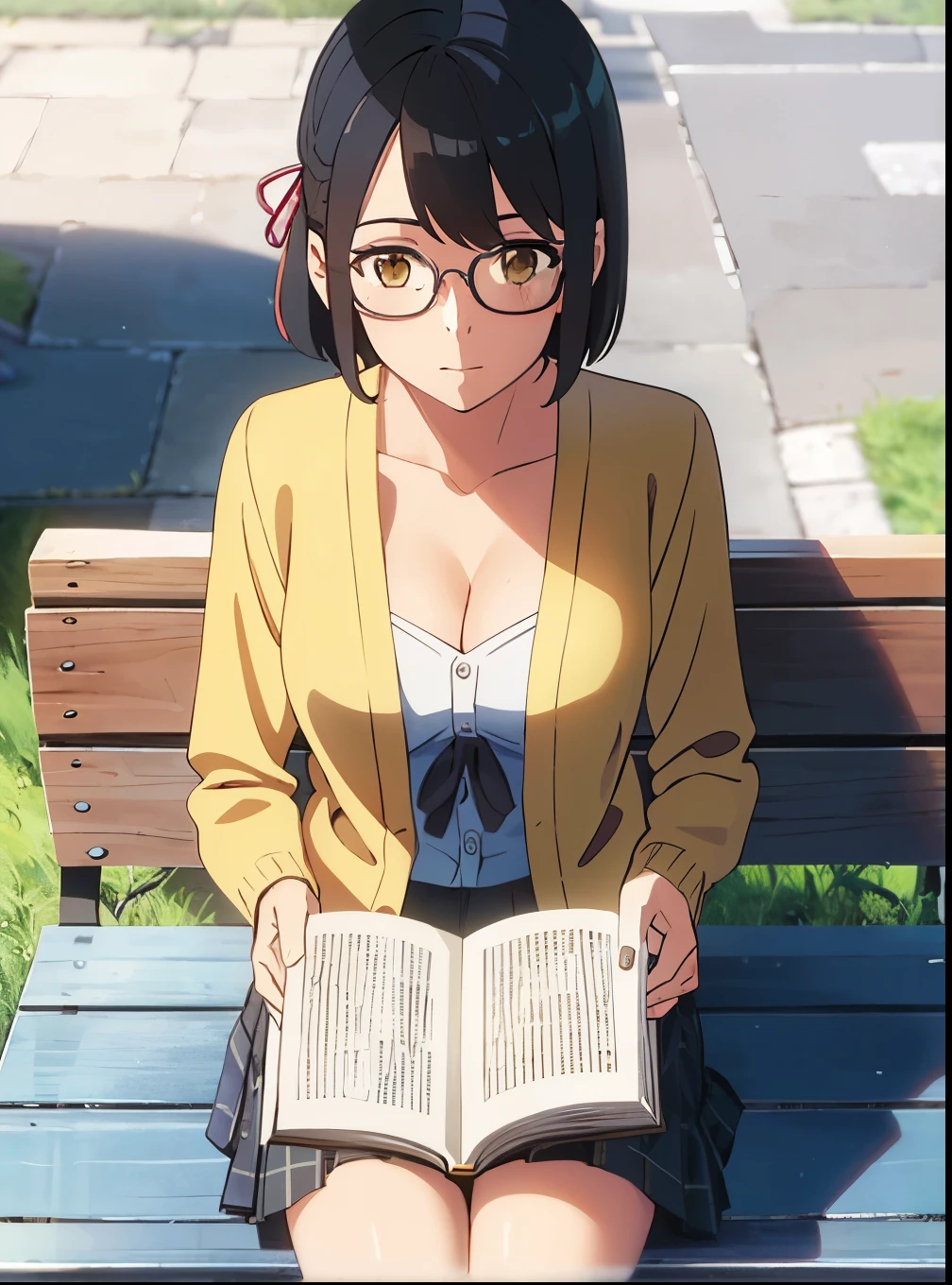 1girl, black hair, brown eyes, eyeglasses, short hair, har band, hair ribbon, yellow cardigan, cleavage, white dress skirt, perfect anatomy, cowboyshot, sit on bench chair, reading a book, outdoors, school university, sky, school building, solo, solo focus, pov, looking at the viewer,
