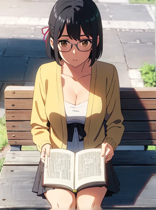 1girl, black hair, brown eyes, eyeglasses,  short hair, har band, hair ribbon, yellow cardigan, cleavage, white dress skirt, perfect anatomy, cowboyshot, sit on bench chair, reading a book, outdoors, school university, sky, school building, solo, solo focus, pov, looking at the viewer,