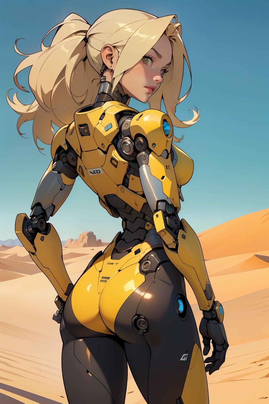 high quality, 4k, masterpiece, beautiful, cyborg girl, yellow design, cowboy shot, dull eyes, back side, turning around to look at viewer, long blonde hair, girl, small breasts, fit thigh, robotic arms, robotic body, cyborg body, yellow accent, redaccent, intricate detail, joint, detailed lines, robotic detail, 1fist on hip, color robotic parts, robotic parts with color, perfect fingers, on a desert planet, sunny background, colorful desert,