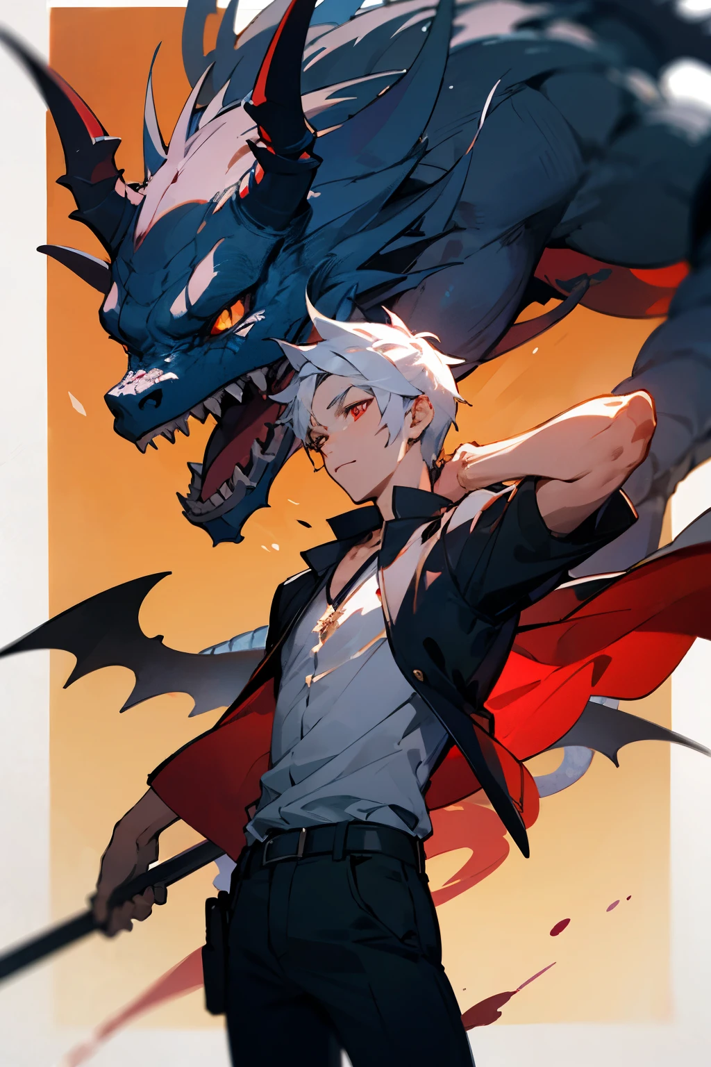 Photo of a handsome Asian man, sitting alone, White hair, red eye, daydreaming, dark forest, wearing black pants, white t-shirt with dragon image, fine quality, Good, photos taken by professional photographers