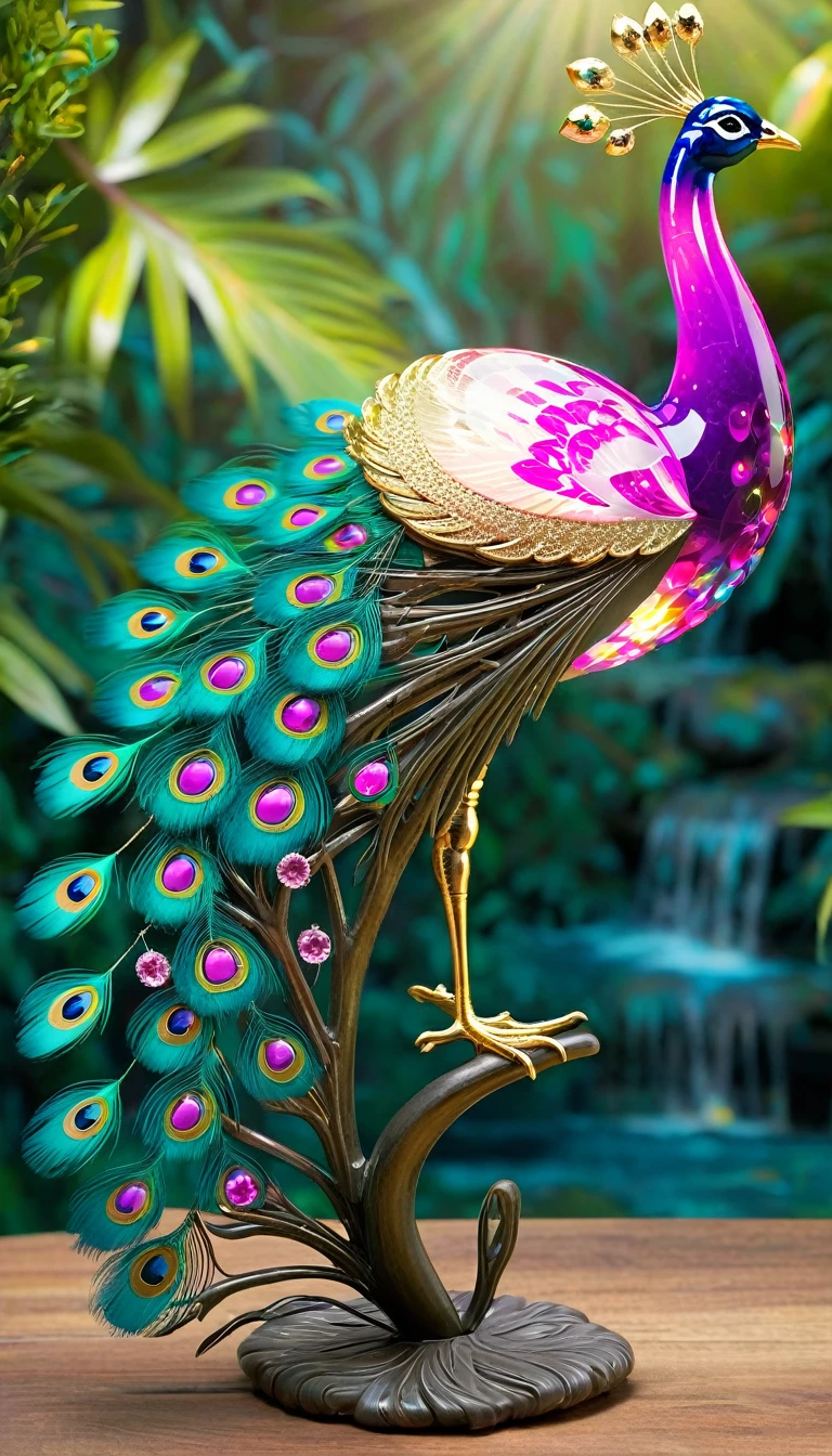 This digital artwork depicts a fantastical peacock, glowing with an inner light. Perched on a stylized tree branch adorned with luminescent leaves, the bird has a shimmering gold body and its intricate tail feathers cascade down like a waterfall of light. Each feather tip is adorned with a jewel-toned orb, radiating pink, teal, and gold hues.  The background is a warm, dark olive green, enhancing the overall magical ambiance of the piece.