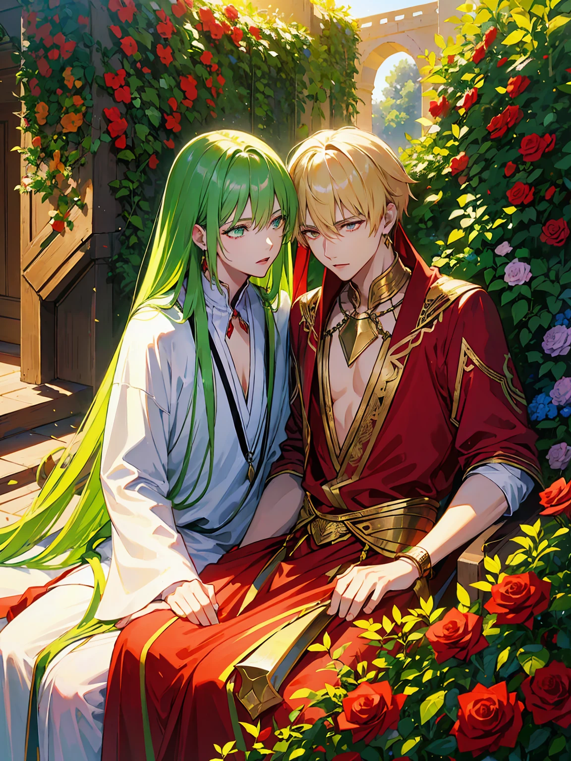 absurd resolution, high resolution, ultra detailed, HDR, master piece, best quality, extremely detailed face and eyes, beautiful vibrant eyes, caster Gilgamesh x Enkidu, gay couple, two men only, handsome, garden, red roses, petals, arabian clothes