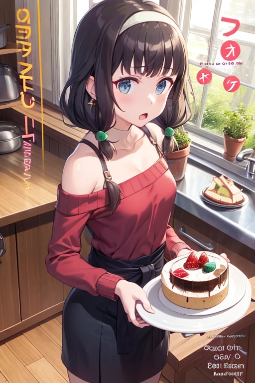 (small breasts:1.3), (perky chest:1.1), (pointed chest:1.0), (Pudding cake magazine cover:1.3),(from above:1.0),(from side:0.9),masterpiece, 1girl, Amazing Cleavage:1.1, thin waist, big ass, Raised sexy, small breast: 1.3, posed cleavage:1.2、solo, looking at viewer, open mouth, have a cute grass of cute beergrass,black hair, dark green eyes, dress, bare shoulders, jewelry, collarbone, sidelocks, hairband, earrings, indoors, off shoulder, :o, sweater, arms behind back, plant, short hair with long locks, gild hairband, off-shoulder dress, sweater dress, off-shoulder sweater, red sweater, dark gord hair, big side hair, very long side hair,is rendered in (masterpiece: 1.2, best quality), with (ultra high resolution) and an exquisite (depth of field). This masterpiece is not only visually stunning but also tells,A scene of cooking in the kitchen by classroom